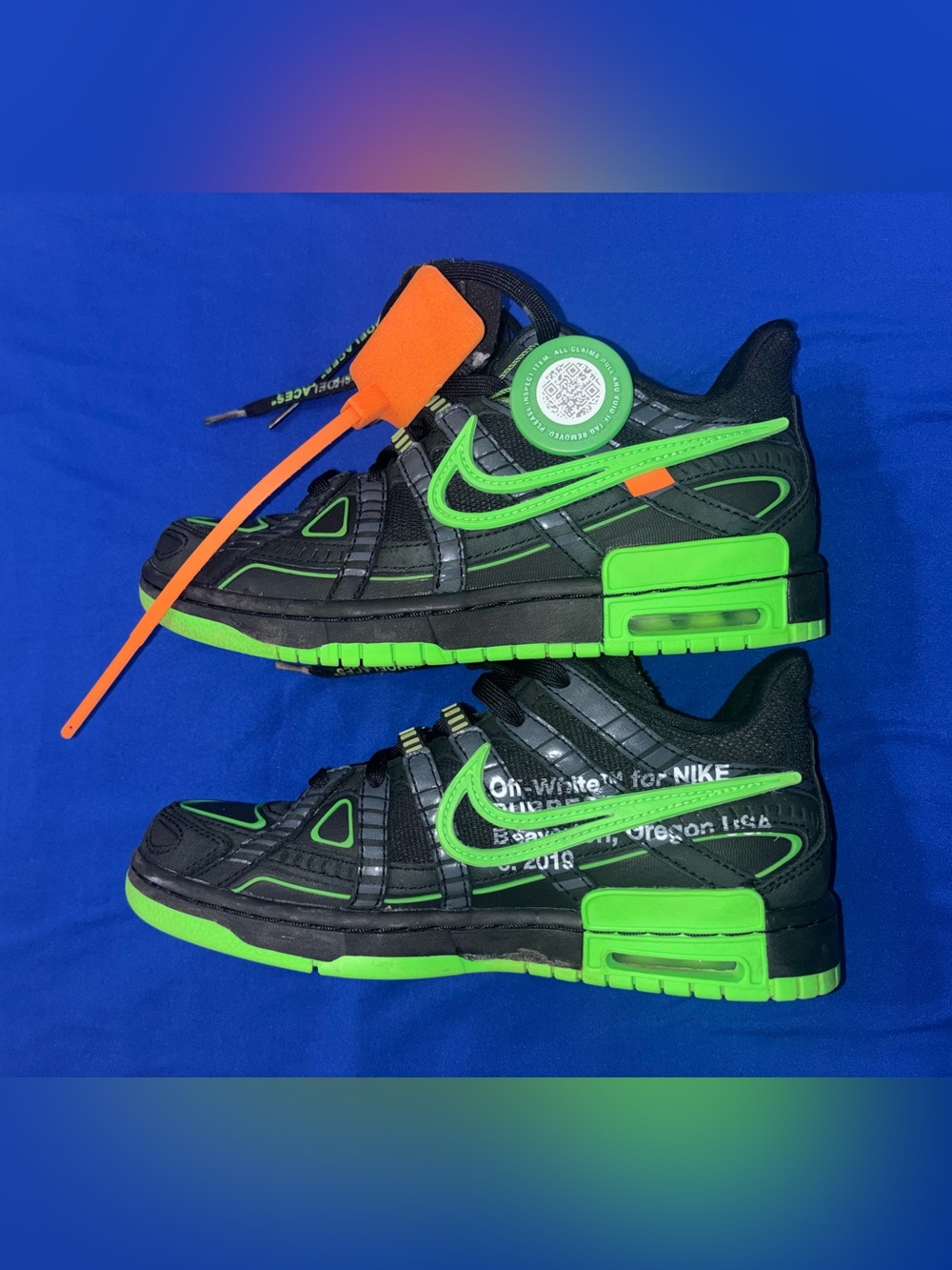 Nike off white Kids Black Sneakers with Neon Green Accents and Orange Tag